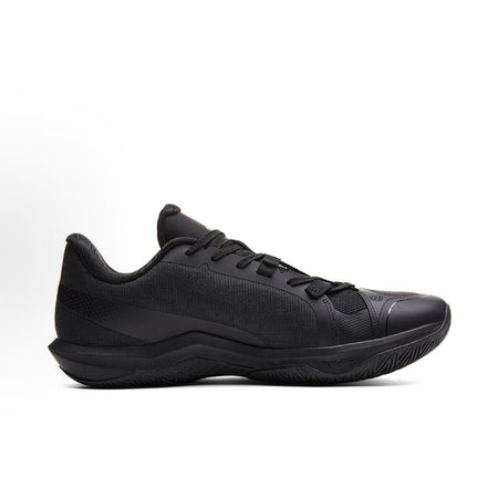 Black unisex basketball shoe, lateral side profile with lace-up closure