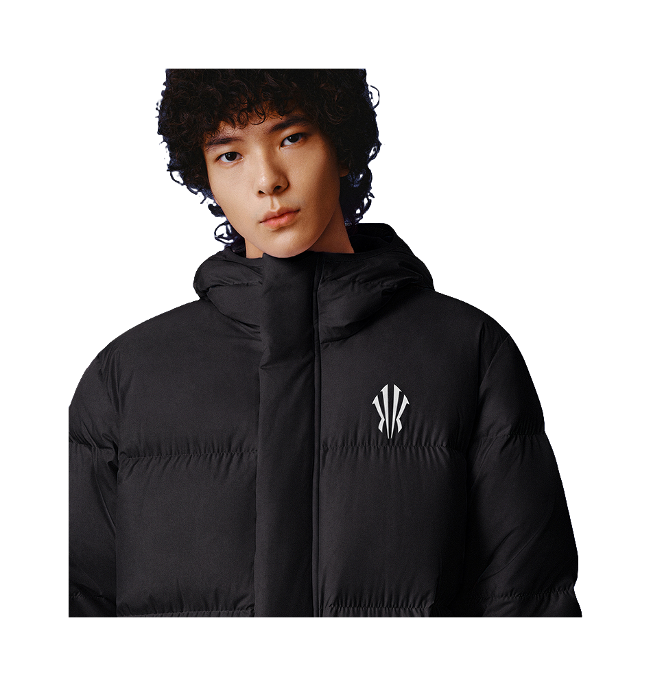 Black hooded puffer jacket with front zipper and chest logo.