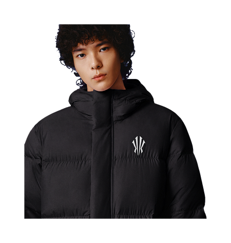 Black hooded puffer jacket with front zipper and chest logo.