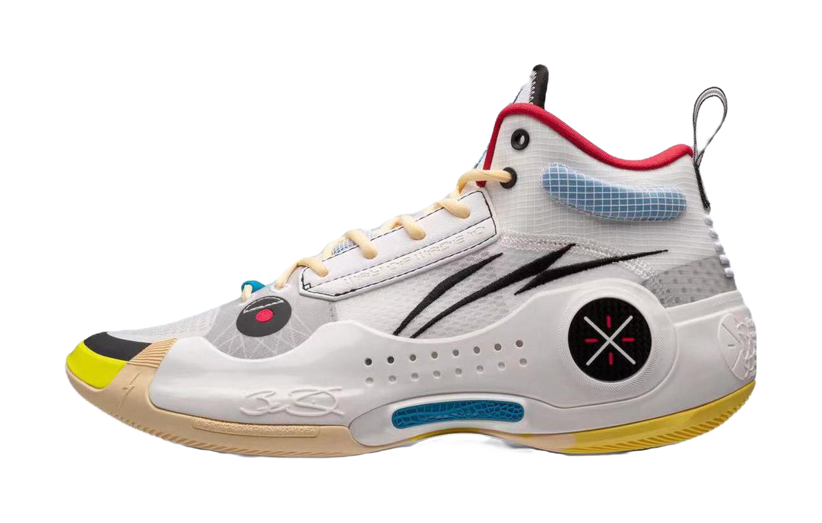 White mid-top basketball sneakers with black swoosh, red collar accents, yellow sole