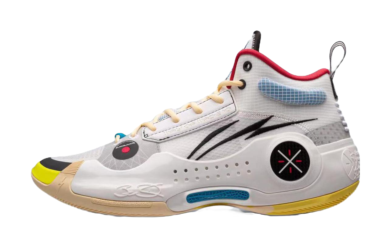 White mid-top basketball sneakers with black swoosh, red collar accents, yellow sole