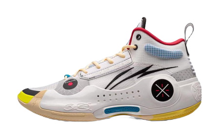 White mid-top basketball sneakers with black swoosh, red collar accents, yellow sole