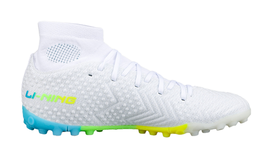 White mid-cut soccer shoe with Li-Ning logo, blue sole, and green collar