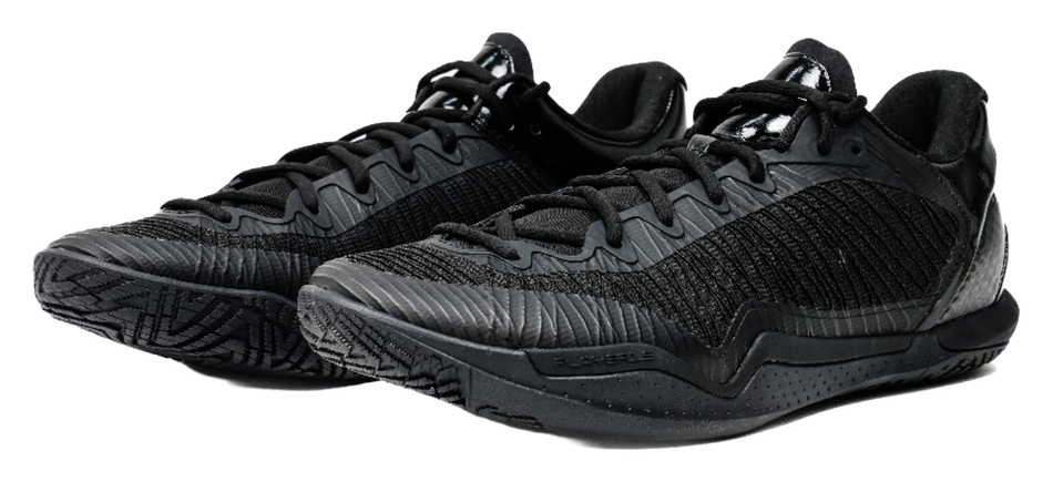 Black lace-up basketball shoes, side view with textured pattern and sculpted midsole