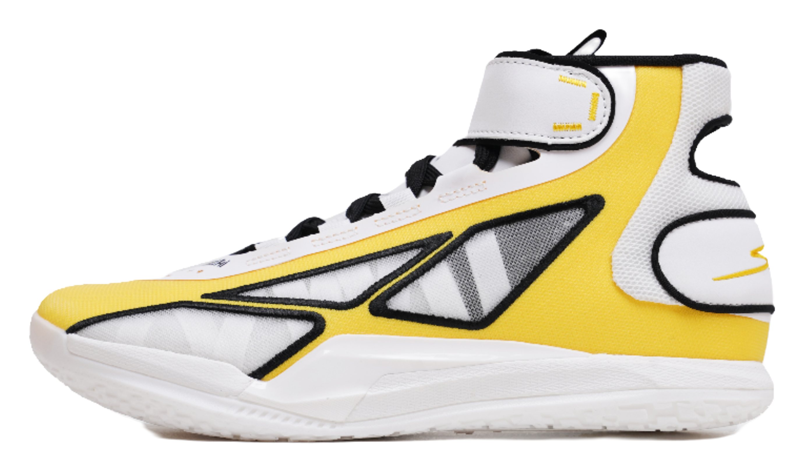 High-top basketball shoe, white with yellow panels and black accents