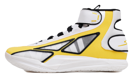 High-top basketball shoe, white with yellow panels and black accents