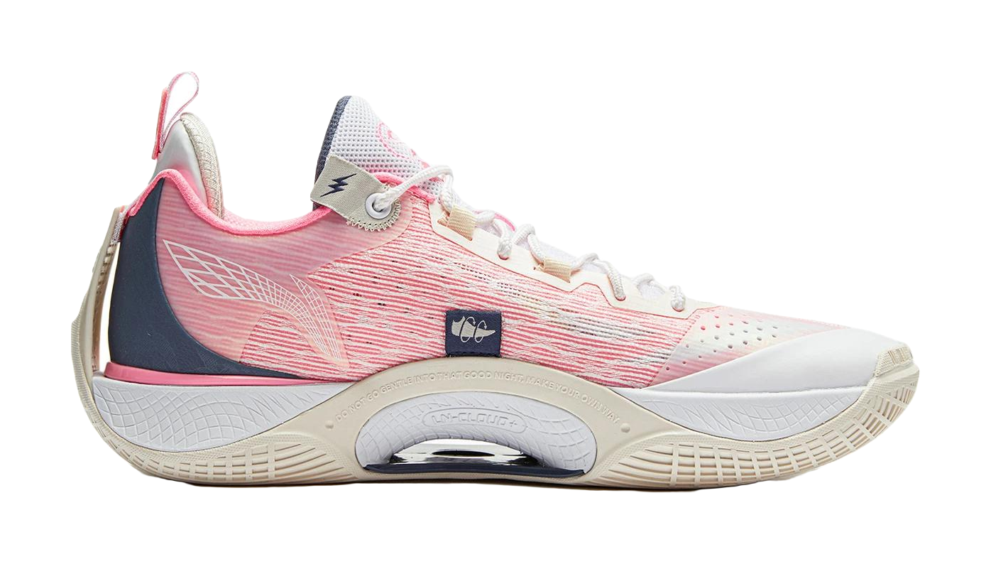 Basketball shoe with white and pink knit upper, dark blue heel trim, lace-up front