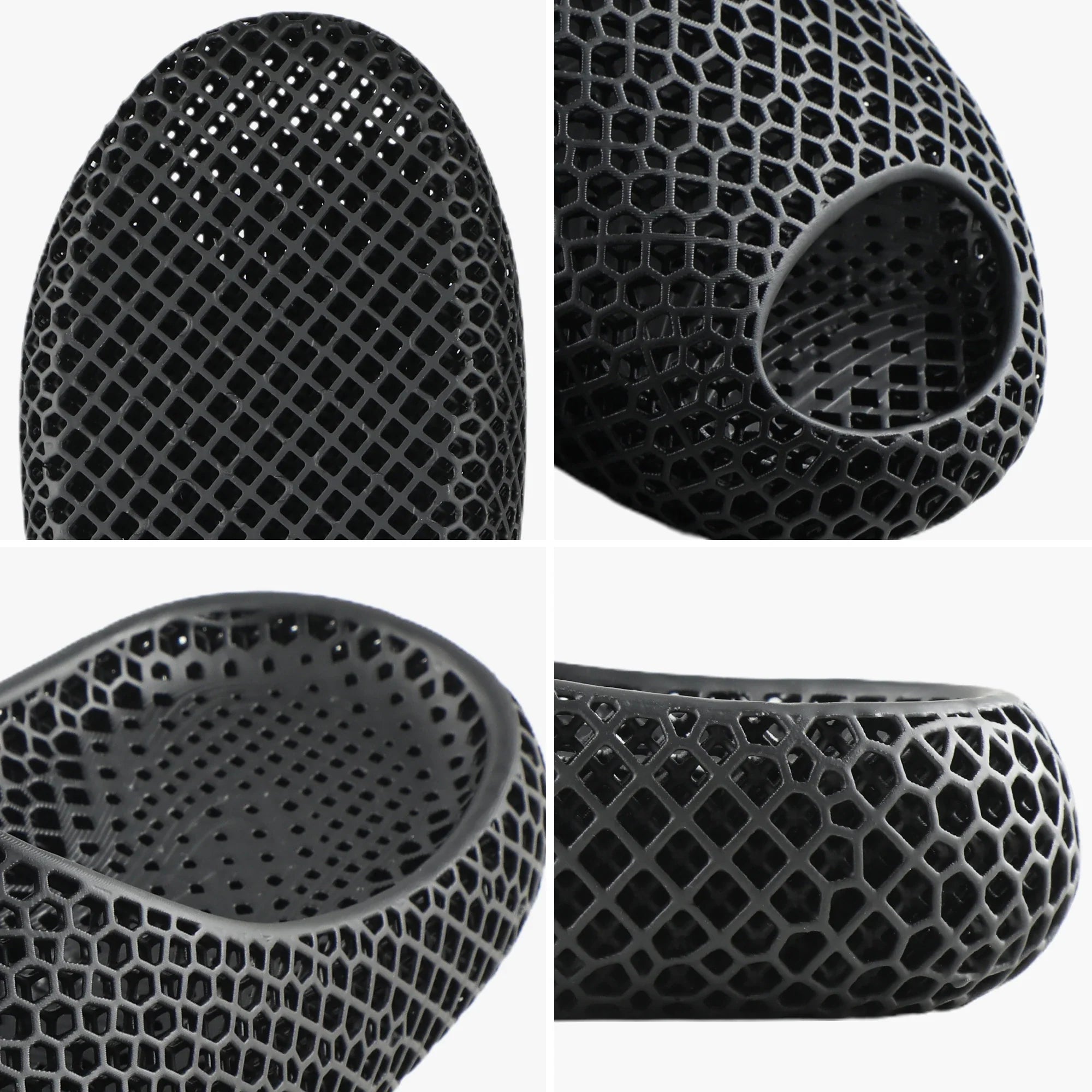 3D printed slippers detail view, black honeycomb texture and open toe cutout
