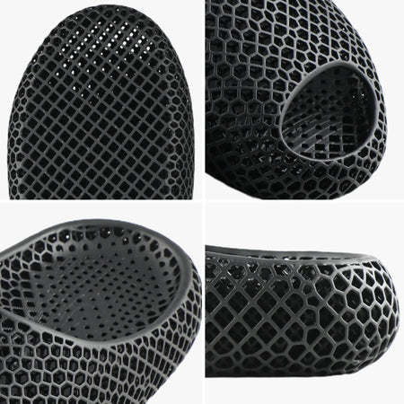 3D printed slippers detail view, black honeycomb texture and open toe cutout