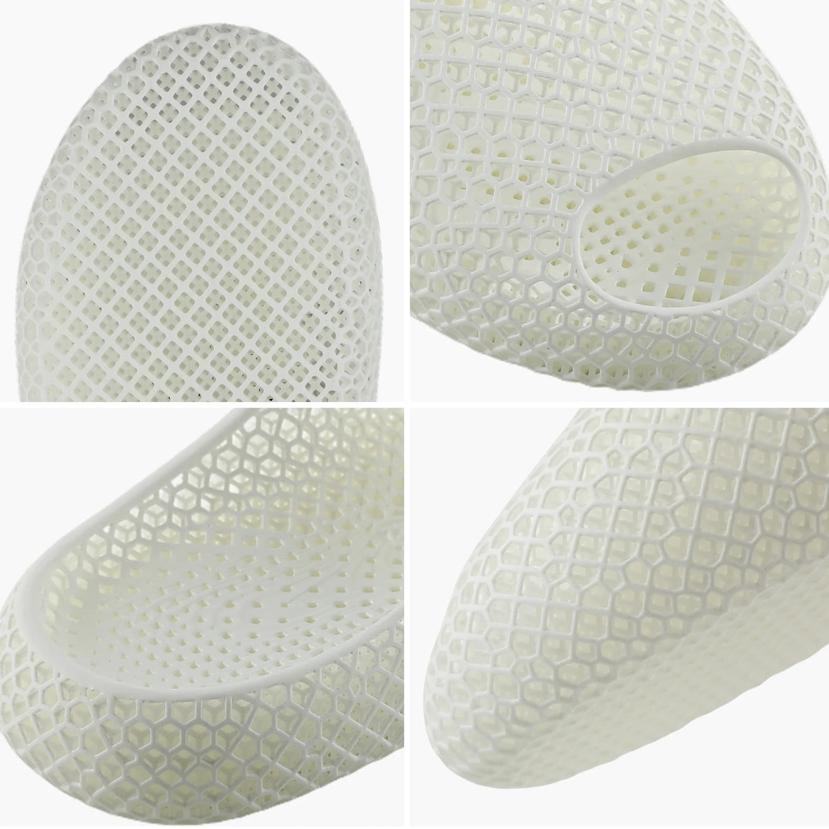 3D printed slippers detail view, white honeycomb texture and open toe cutout