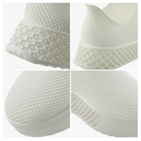 3D printed slip-on sneakers, white close-up of outsole tread and upper ribs