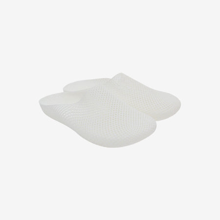 White 3D printed slippers, slip-on style with mesh-like texture