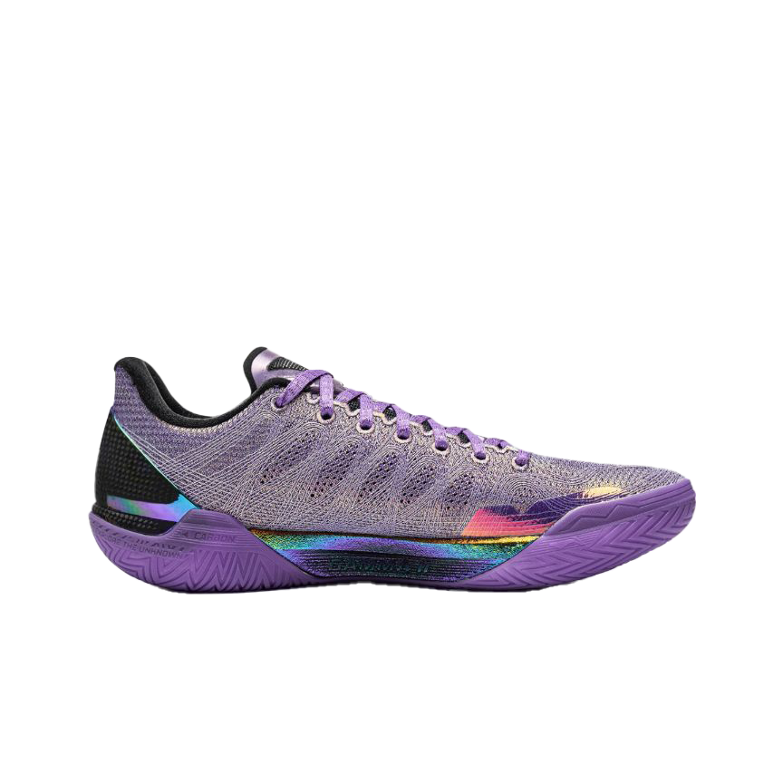 Low basketball shoe with purple mesh upper, black heel collar, and iridescent side stripe