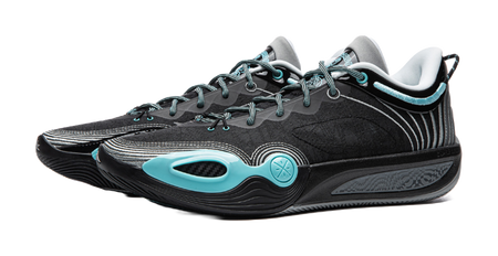 Black basketball shoe pair with teal details, round toe, and chunky sole