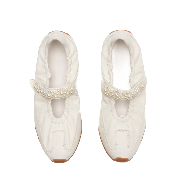 Women's white Mary Jane shoes with open heel and pearl strap detail