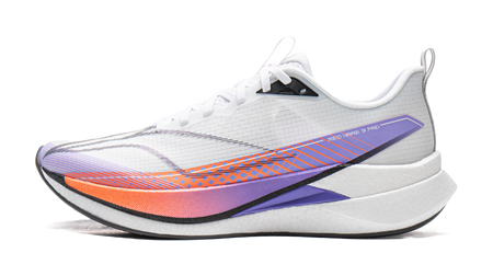 White running shoe with purple and orange side accents and knit upper