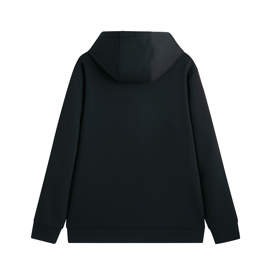 Black zip-up hoodie back view with attached hood and full-length sleeves