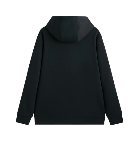 Black zip-up hoodie back view with attached hood and full-length sleeves