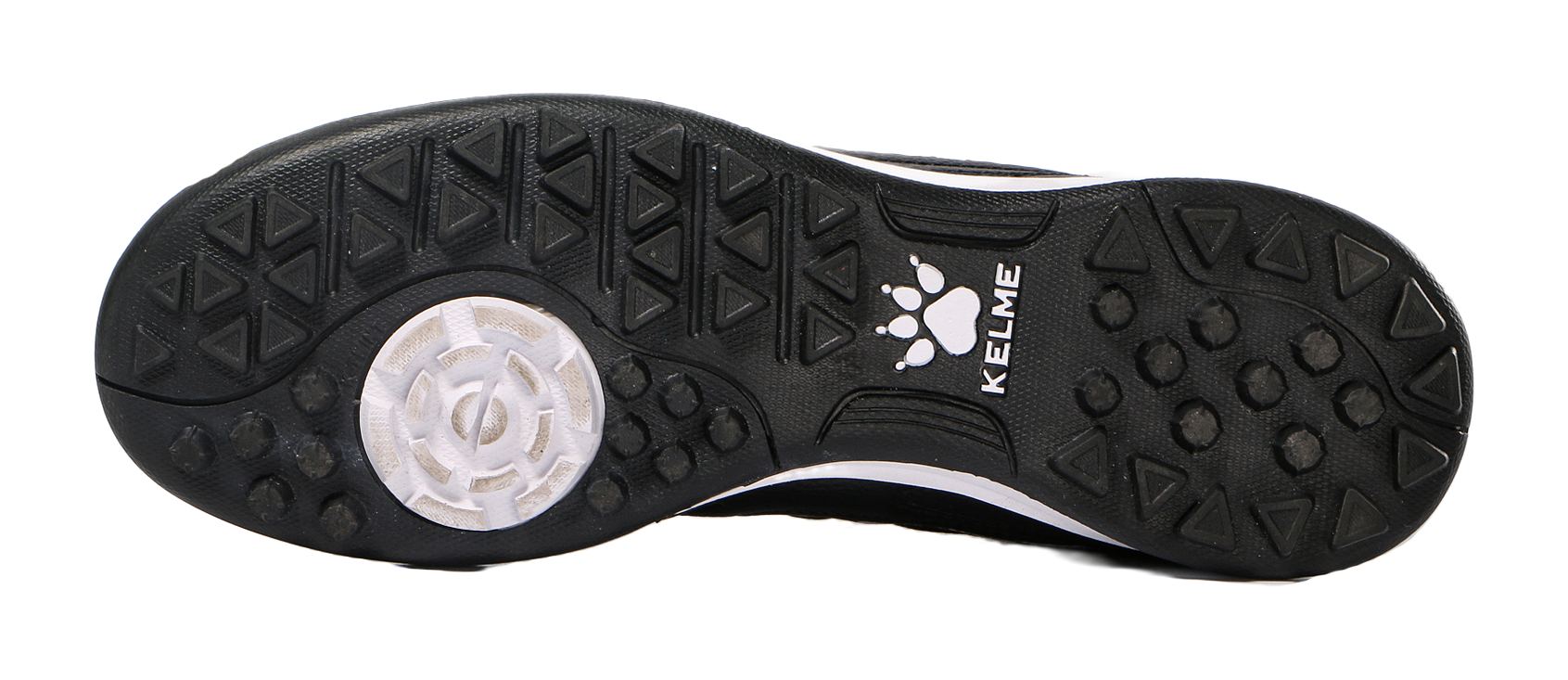 Black TF training soccer shoe outsole with molded studs and paw logo