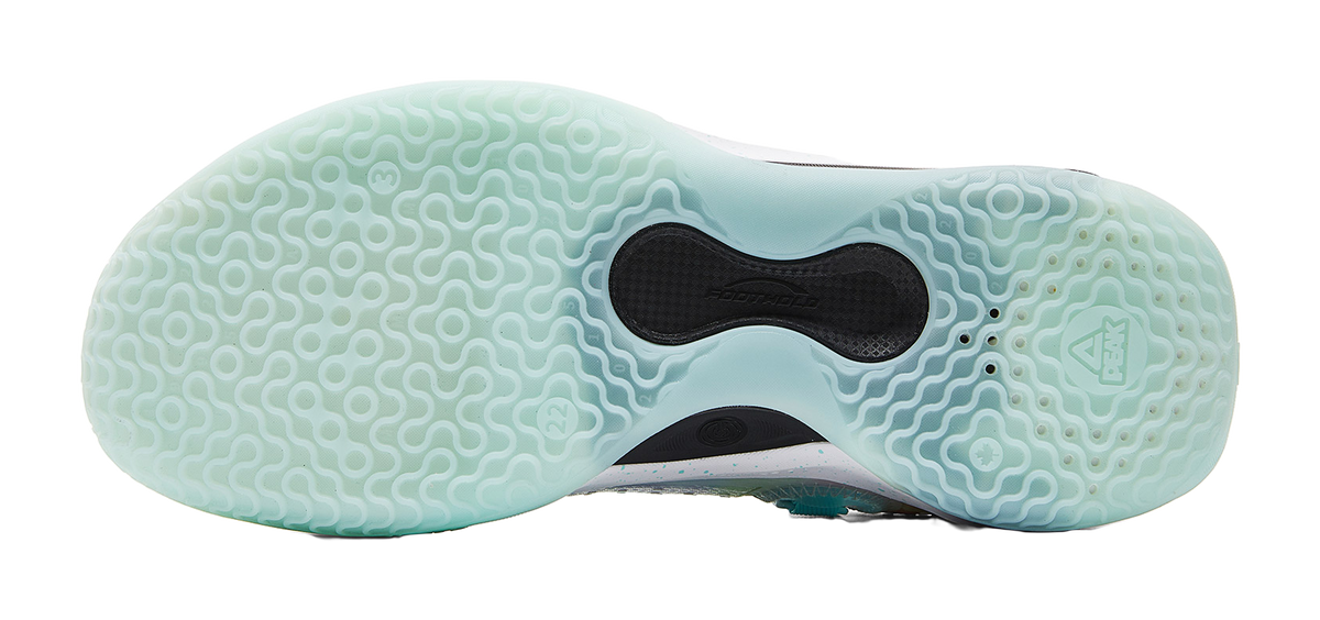 Light blue basketball shoe outsole with traction pods and circular tread pattern