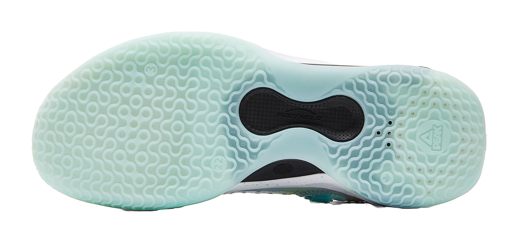 Light blue basketball shoe outsole with traction pods and circular tread pattern