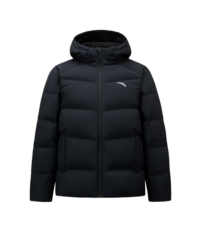 Men's black down puffer jacket with hood and full-zip front