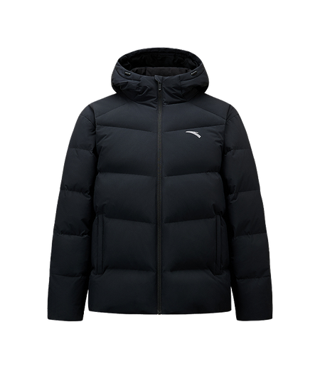 Men's black down puffer jacket with hood and full-zip front