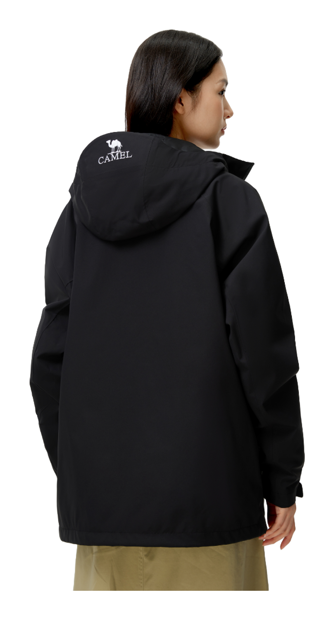 Black unisex windbreaker jacket, side view with hood and CAMEL chest logo