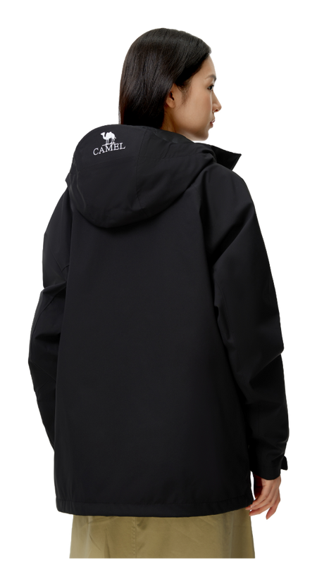 Black unisex windbreaker jacket, side view with hood and CAMEL chest logo