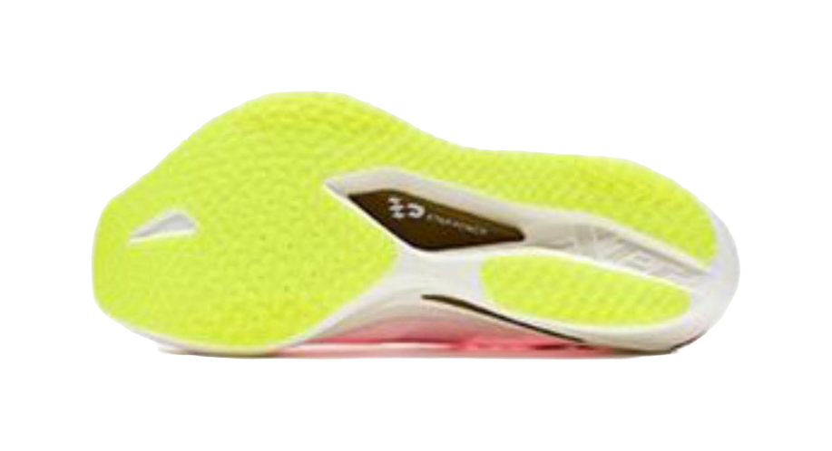Marathon racing shoes, outsole underside with bright lime rubber tread and heel cutout