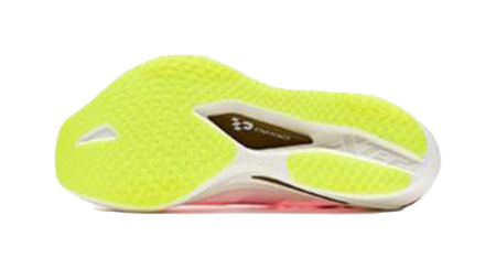 Marathon racing shoes, outsole underside with bright lime rubber tread and heel cutout