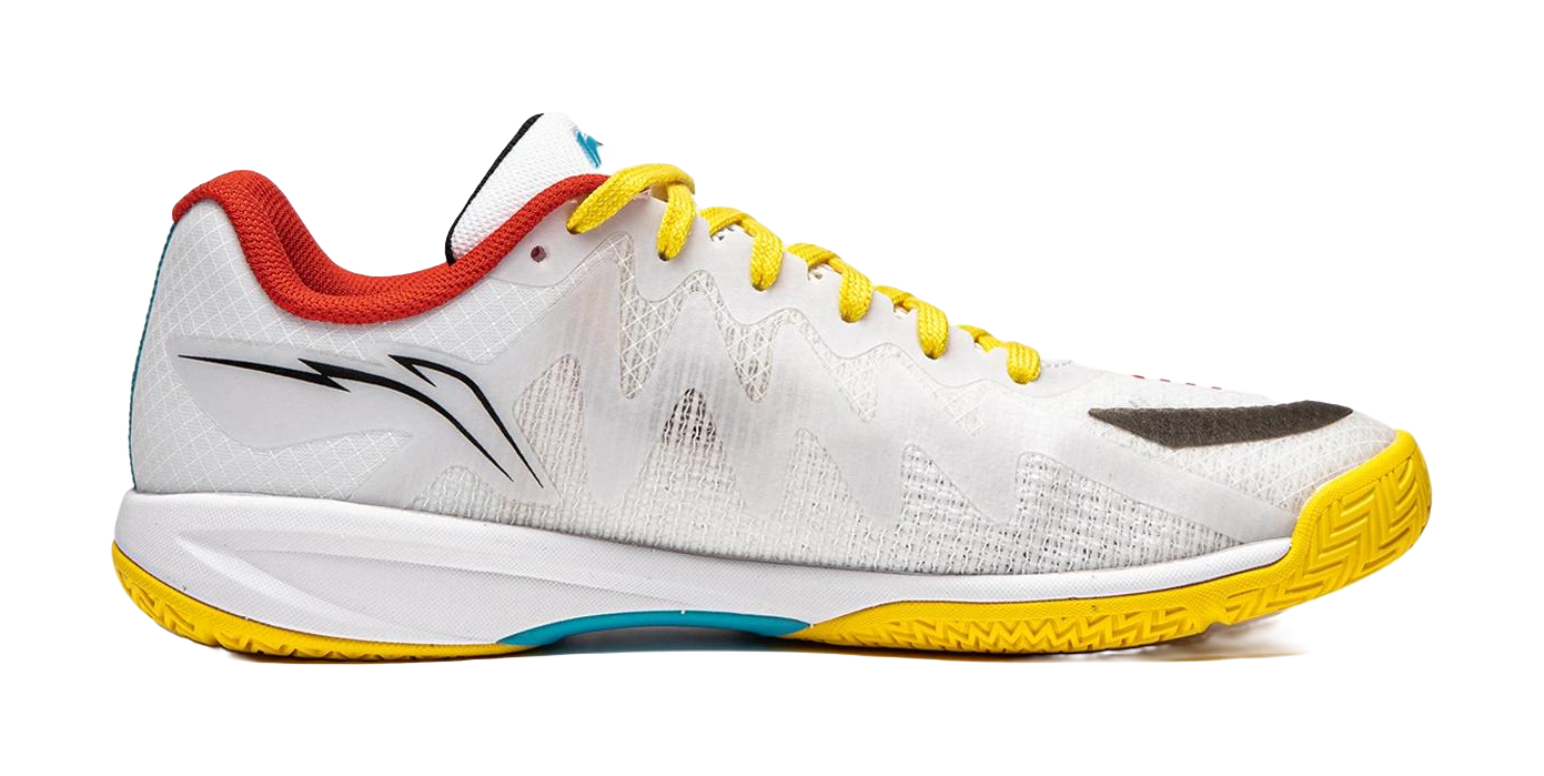White table tennis shoe side view with yellow laces, red heel collar, teal details