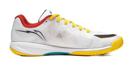 White table tennis shoe side view with yellow laces, red heel collar, teal details