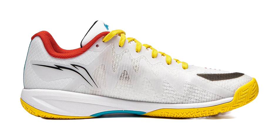 White table tennis shoe side view with yellow laces, red heel collar, teal details