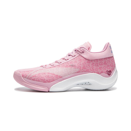 Pink knit lace-up basketball shoe with white midsole and molded forefoot