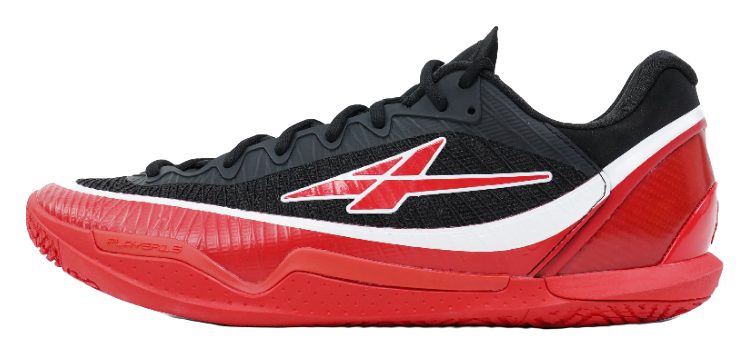 Low-top basketball shoe in black, red and white with grippy outsole