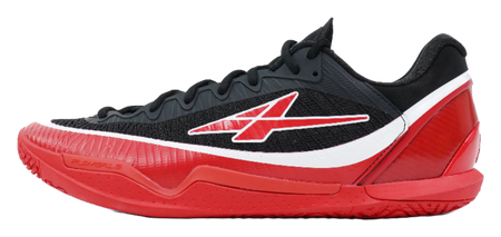 Low-top basketball shoe in black, red and white with grippy outsole