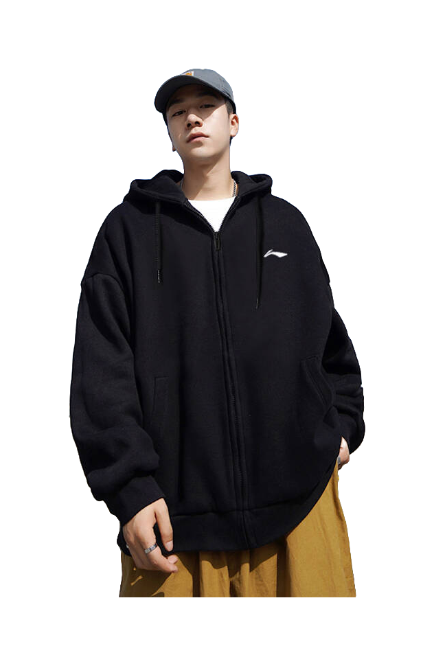 Black zip-up hoodie worn on model, with drawstring hood and small chest logo