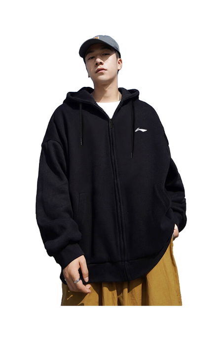 Black zip-up hoodie worn on model, with drawstring hood and small chest logo