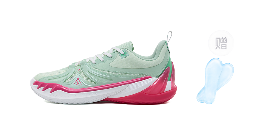 Mint green lace-up basketball shoe with pink side and white outsole