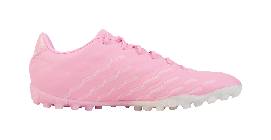 Unisex turf soccer shoe, pinkish upper with patterned stripes, TPU stud outsole