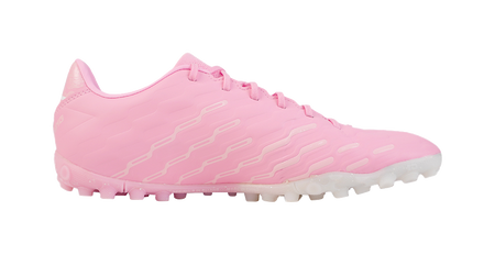 Unisex turf soccer shoe, pinkish upper with patterned stripes, TPU stud outsole