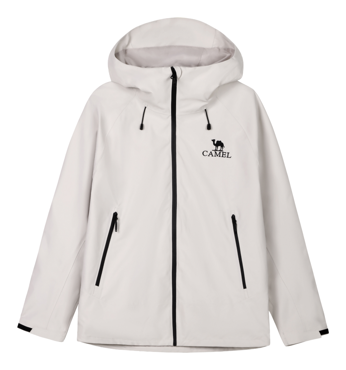 White unisex windbreaker jacket with hood, full zip, and two zippered front pockets