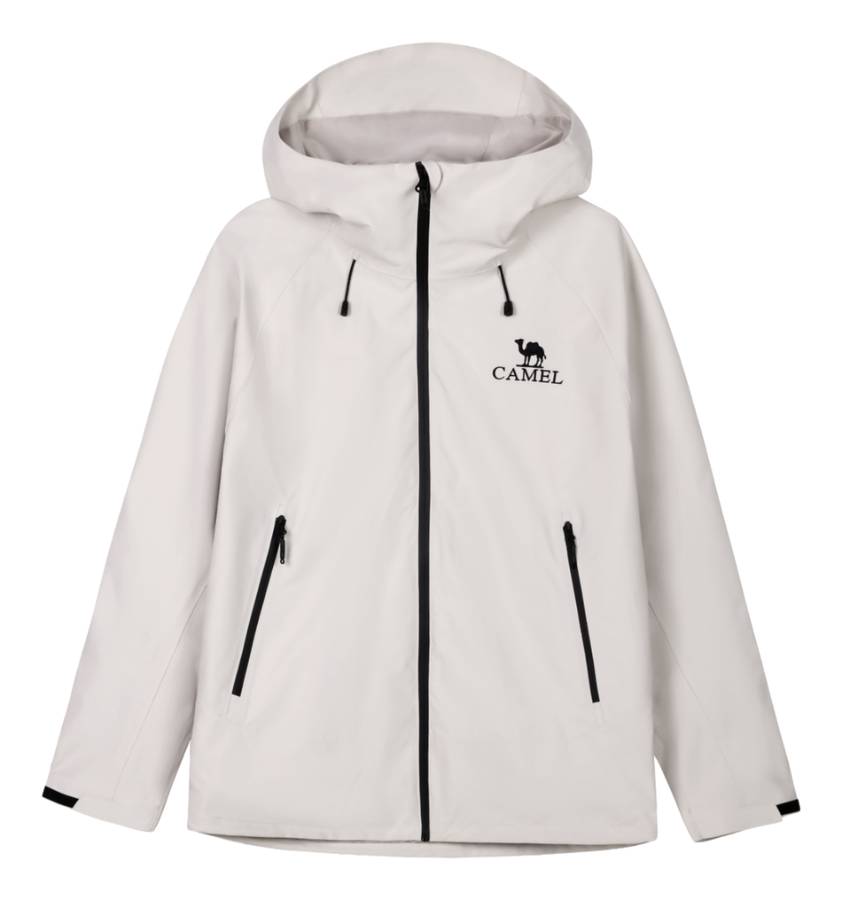 White unisex windbreaker jacket with hood, full zip, and two zippered front pockets