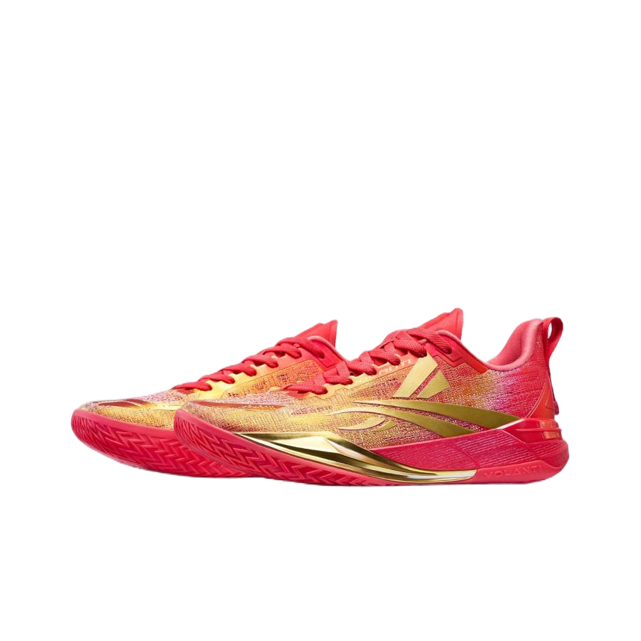 Unisex basketball shoes, red and gold knit upper with V logo and tread sole.