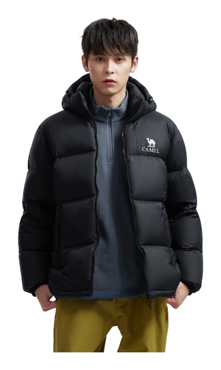 Unisex black down jacket with hood, full-zip front, side pockets, logo patch