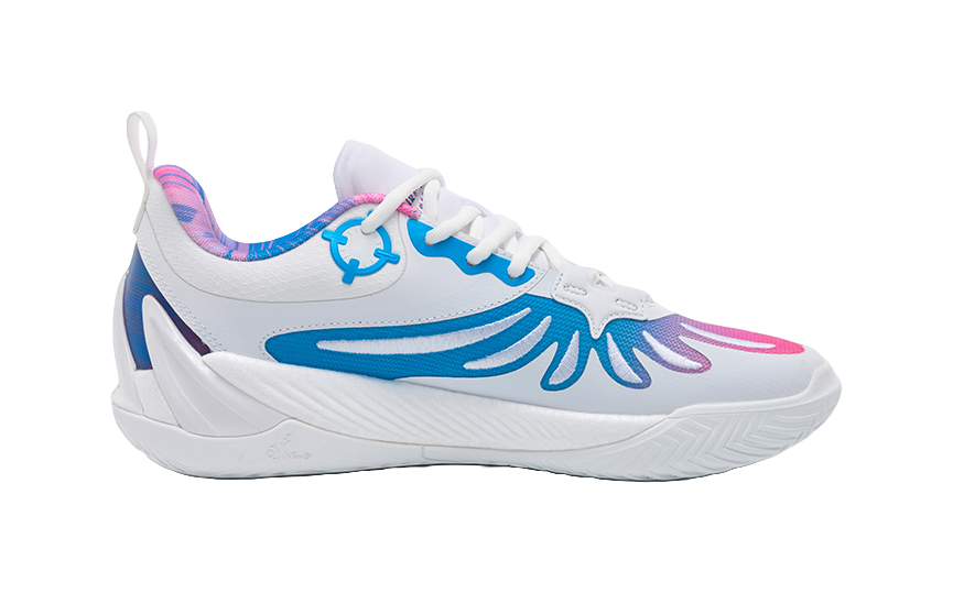 White basketball shoes with blue side stripe and pink graphics, lace-up