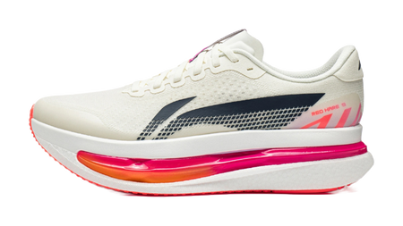 Men's low-top running shoes in white with navy side stripe and pink cushioned sole