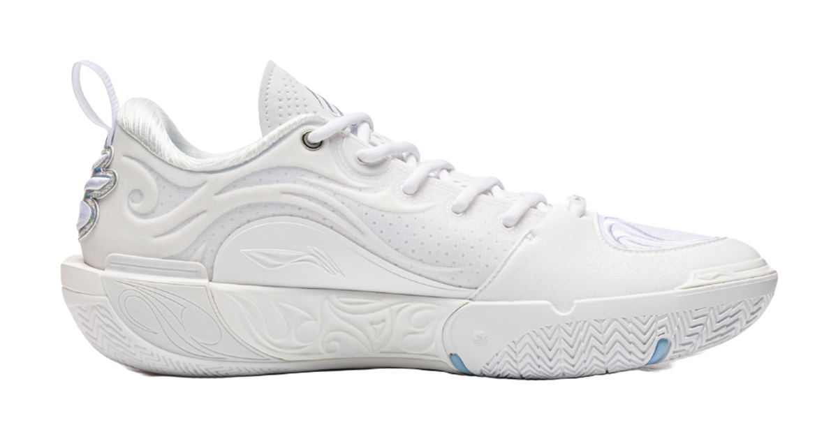 Li-Ning men's white low-top basketball shoe, side view with textured midsole