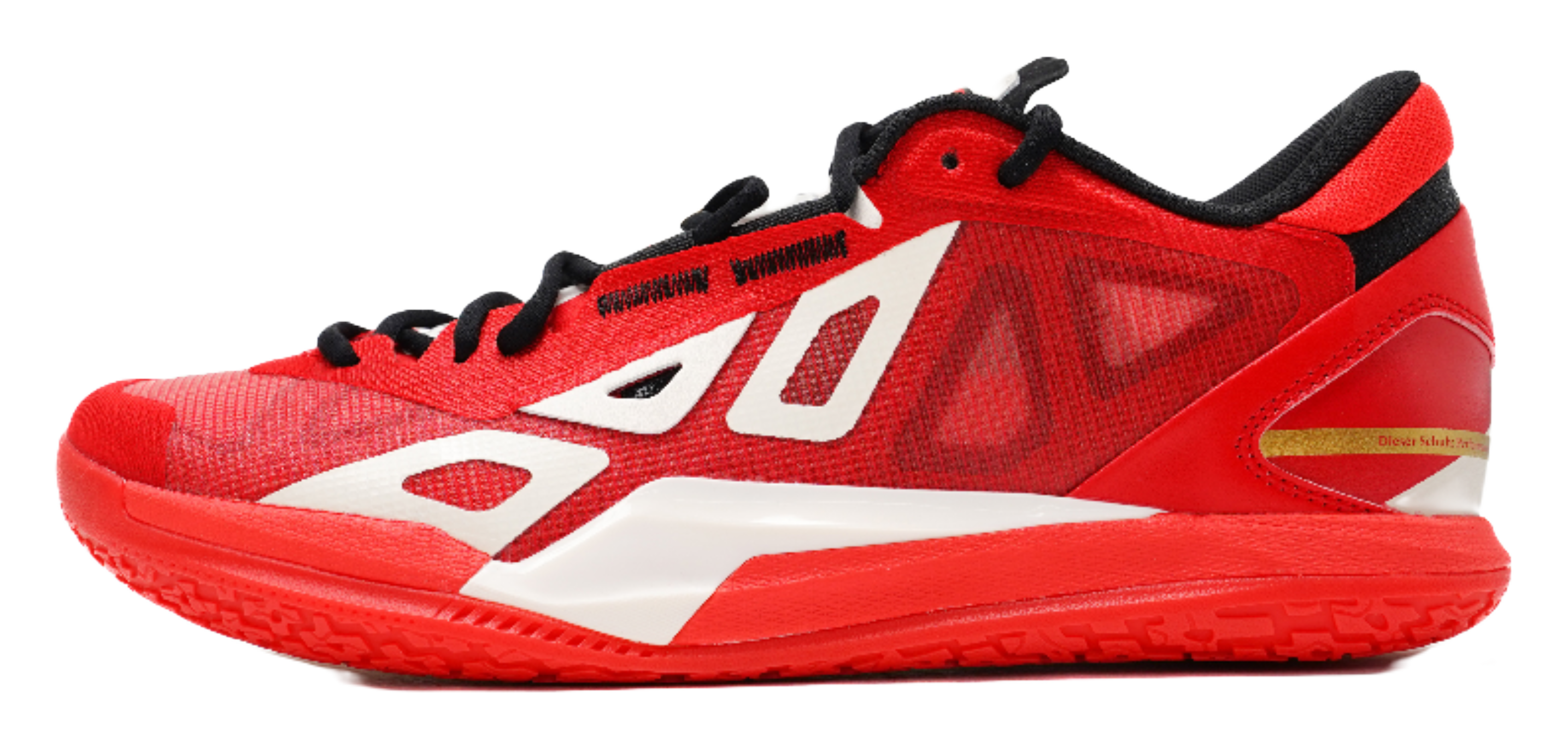 Red low-top basketball shoe with black laces and white logo panels